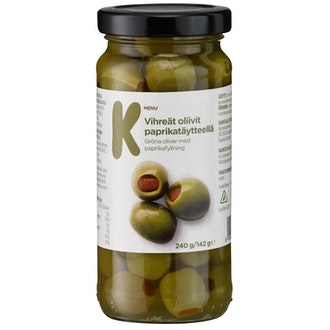 K-Menu paprikatahnatäytteisiä vihreitä oliiveja 240g / 142g