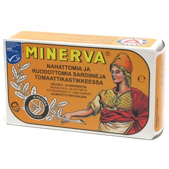 Minerva nahattomia ja ruodottomia sardiineja 120g/85g tomaattikastikkeessa