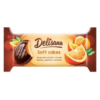 Delisana Soft Cakes pehmeä leivoskeksi appelsiini 135g appelsiinimakuisella hyytelöllä (52%) suklaakuorrutteella.