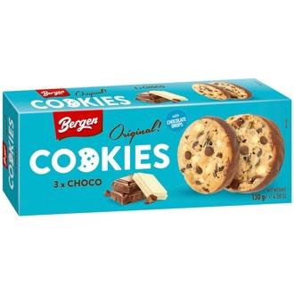 Bergen Original Cookies 3x Choco 130g suklaahippukeksejä valko- ja maitosuklaalla sekä tummasuklaalla