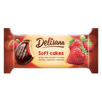 Delisana Soft Cakes pehmeä leivoskeksi mansikka 135g mansikanmakuisella hyytelöllä (52%) suklaakuorrutteella.