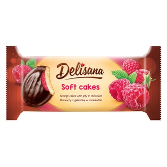 Delisana Soft Cakes pehmeä leivoskeksi vadelma 135g vadelmanmakuisella hyytelöllä (52%) suklaakuorrutteella.