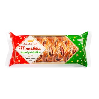 Perheleipuri Salonen Mansikka-raparperipitko 360g mansikka-raparperitäytteinen pullapitko