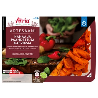 Atria Artesaani kanaa pinaatti-perunamuusilla ja paahdettuja kasviksia, sekä paprikavoi 300g