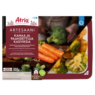 Atria Artesaani kanaa, paahdettuja kasviksia porkkana-palsternakkapyreellä ja balsamicokastike 300g