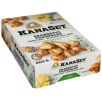 Kariniemen Kanaset paahdetut fileepalat 180g, Curry dippi 40g,Mango dippi 40g