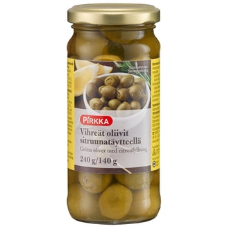 Pirkka vihreät oliivit sitruunatäytteellä 240g/140g