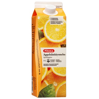 Pirkka appelsiinitäysmehu 1l sisältää hedelmälihaa
