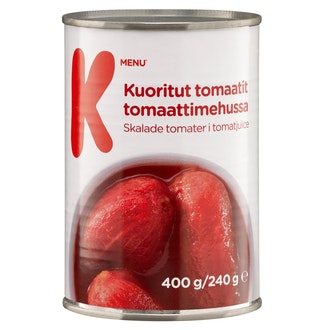 K-Menu kuoritut tomaatit tomaattitäysmehussa 400g/240g