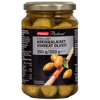 Pirkka Parhaat kivelliset kreikkalaiset vihreät oliivit 350g/200g