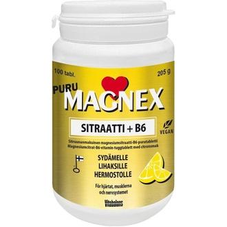 Magnex Sitraatti 375 Mg + B6 Puru 100 Tabl/205G., Kotimainen, Sitruunanmakuinen Magnesiumsitraatti-B6-Vitamiini Purutabletti, Vitabalans