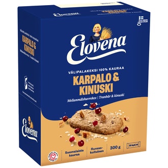 Elovena 10x30g karpalo-kinuski täysjyvä välipalakeksi 100% kauraa