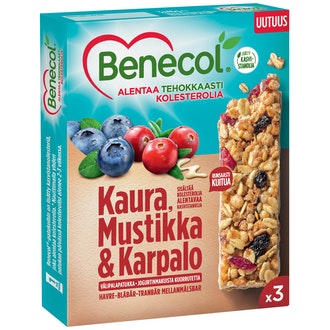 Benecol 3X40g Välipalapatukka Kaura-Mustikka-Karpalo Kolesterolia Alentava