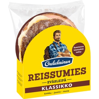 Oululainen Reissumies Eväsleipä Klassikko 160g, täytetty täysjyväruisleipä kinkku-juusto-muna