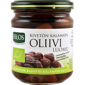 Filos Luomu kivetön Kalamata-oliivi 200g/100g