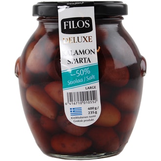 Filos Deluxe Kalamon-oliivi Sparta, -50% suolaa 400g/235g