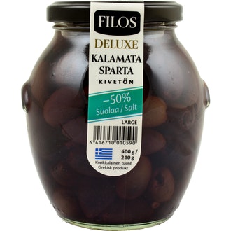 Filos Deluxe Kalamata-oliivi kivetön Sparta Large, -50% suolaa 400g/210g