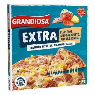 Grandiosa Extra pepperoni, sinihomejuusto, ananas ja kinkku kiviuuni pakastepizza 400g