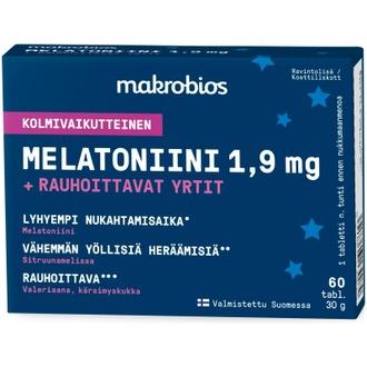 Makrobios Kolmivaikutteinen Melatoniini 1,9Mg + Rauhoittavat Yrtit 60 Tablettia 30G