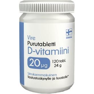 Vire D3-Vitamiinivalmiste Sitruksenmakuinen Purutabletti 120 Tablettia / 24 G