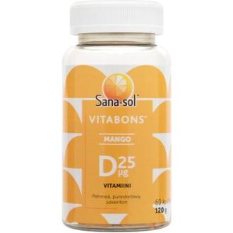 Sana-Sol Vitabons Pehmeä Ja Pureskeltava D-Vitamiinivalmiste, Mangonmakuinen, Ravintolisä 60 Kpl