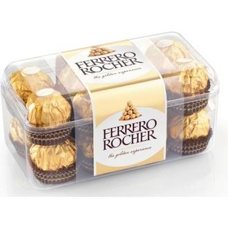 Ferrero Rocher maitosuklaalla ja hasselpähkinärouheella kuorrutettu rapea vohvelierikoisuus sisällä kokonainen hasselpähkinä hasselpähkinäkreemissä 16kpl/200g