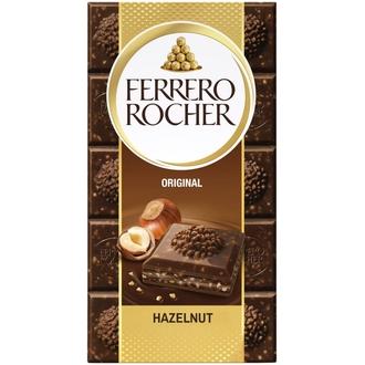 Ferrero Rocher Original -maitosuklaalevy 90g. Täytettyä maitosuklaata (60%) hasselpähkinätäytteellä (37%) ja hasselpähkinän paloilla.