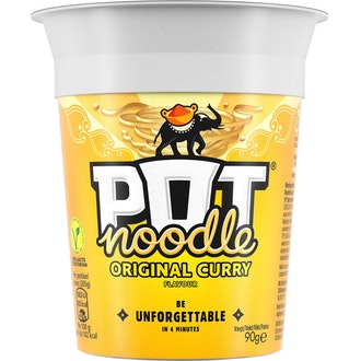 Pot Noodle Kuppinuudeli Original Curry 90g  Nuudeleita kastikeseoksessa mangokastikkeella.