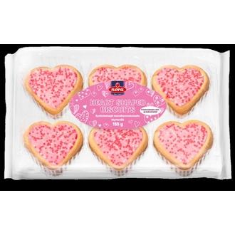 Nora heart shaped biscuits 155g sydänkeksejä mansikanmakuisella täytteellä ja sokerikoristeilla
